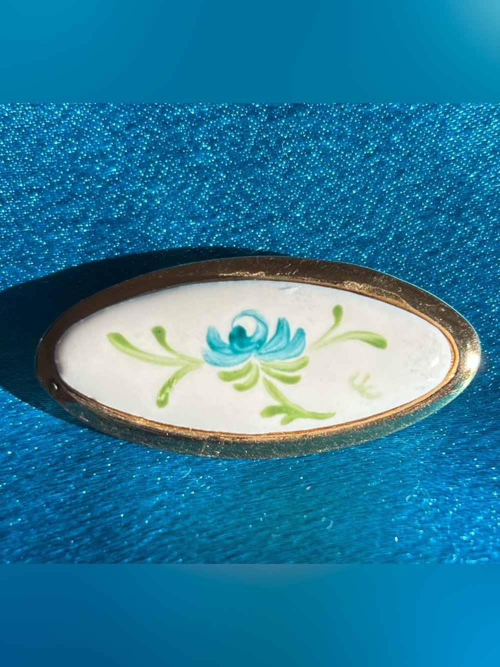 Blue Floral Ceramic Oval pin with Gold-Toned Trim